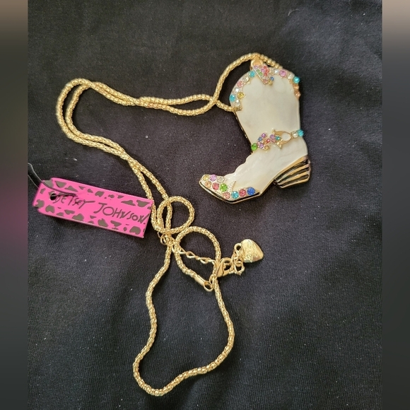 Gold Boot Pendant Necklace with Colorful Gems Cowgirl Boot New Betsey Johnson - Picture 1 of 8